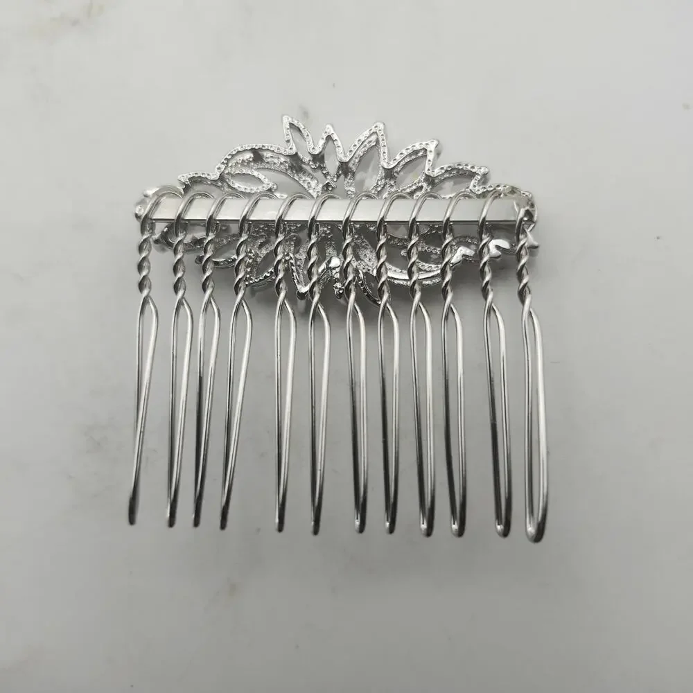 Silver Tone Rhinestone Bridal Hair Comb Pair Floral Leaf Wedding Prom Accessory